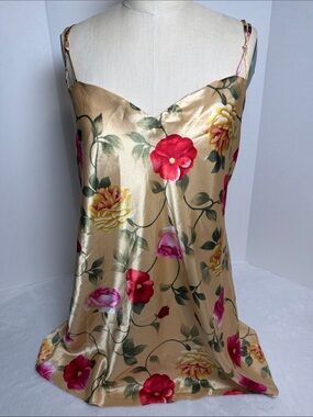 L.A Intimates Gold Floral Satin Slip Dress with Red & Pink Blooms Size L